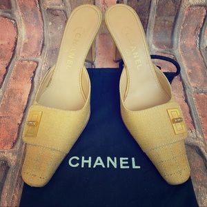 Authentic Chanel Yellow Tweed Mule Slides Buckle